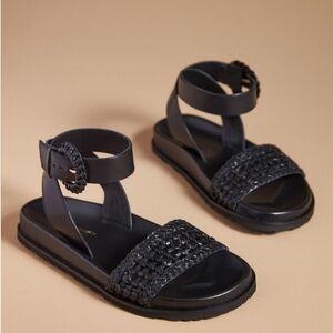 By Anthropologie Black Leather Ankle Strap Woven Sandals